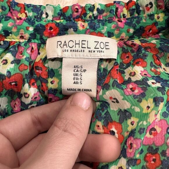 Rachel Zoe Green Floral V-Neck Tassel Tie Boho Peasant Blouse Women's M - Picture 4 of 7